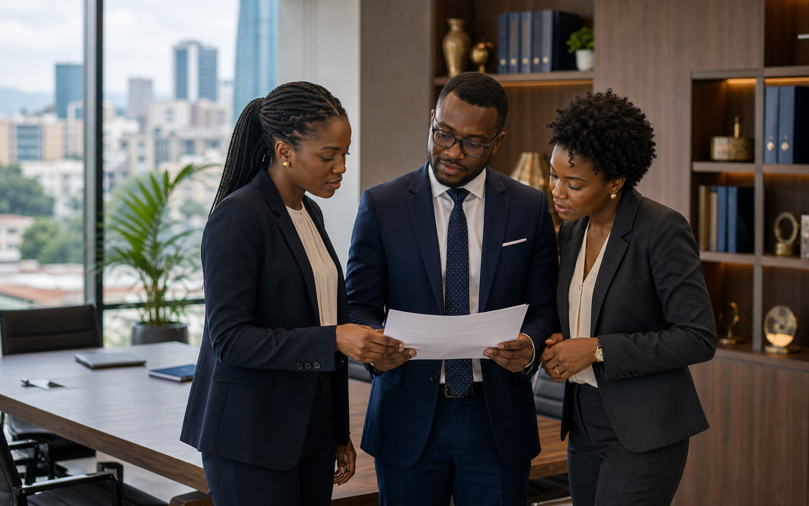African legal professionals reviewing a document in a modern office