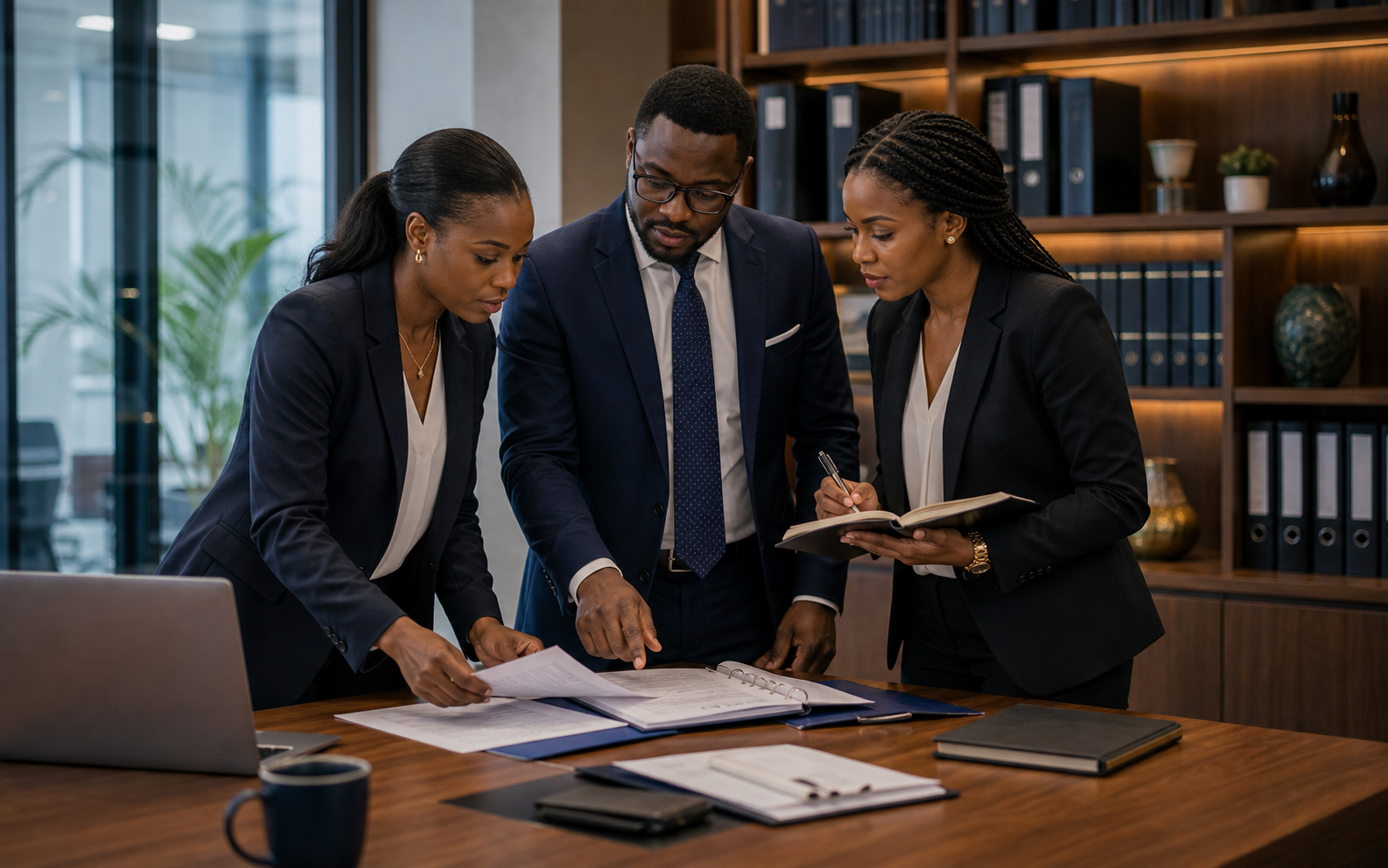 African attorneys preparing a client briefing in a modern law office