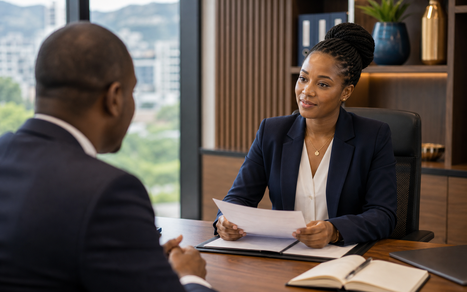 African female attorney speaking with a client in a modern legal office