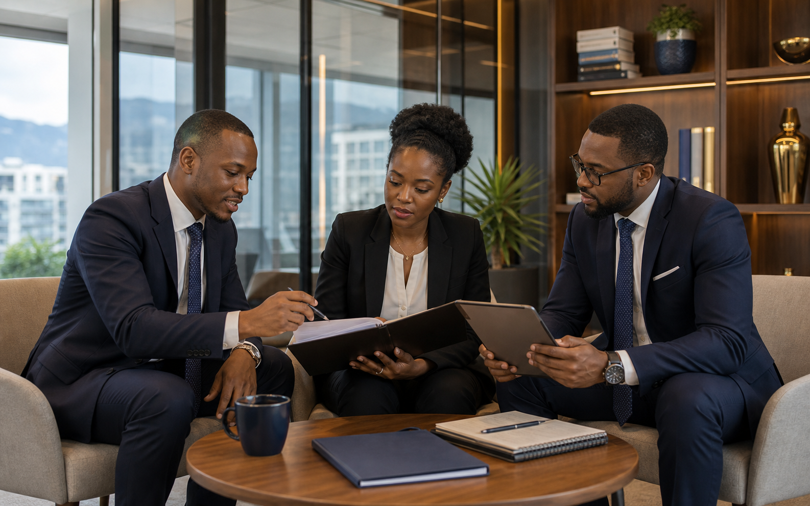 African legal professionals discussing a contract in a modern office
