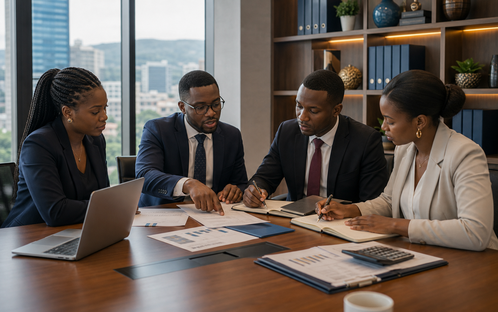 African legal and finance professionals reviewing transaction documents
