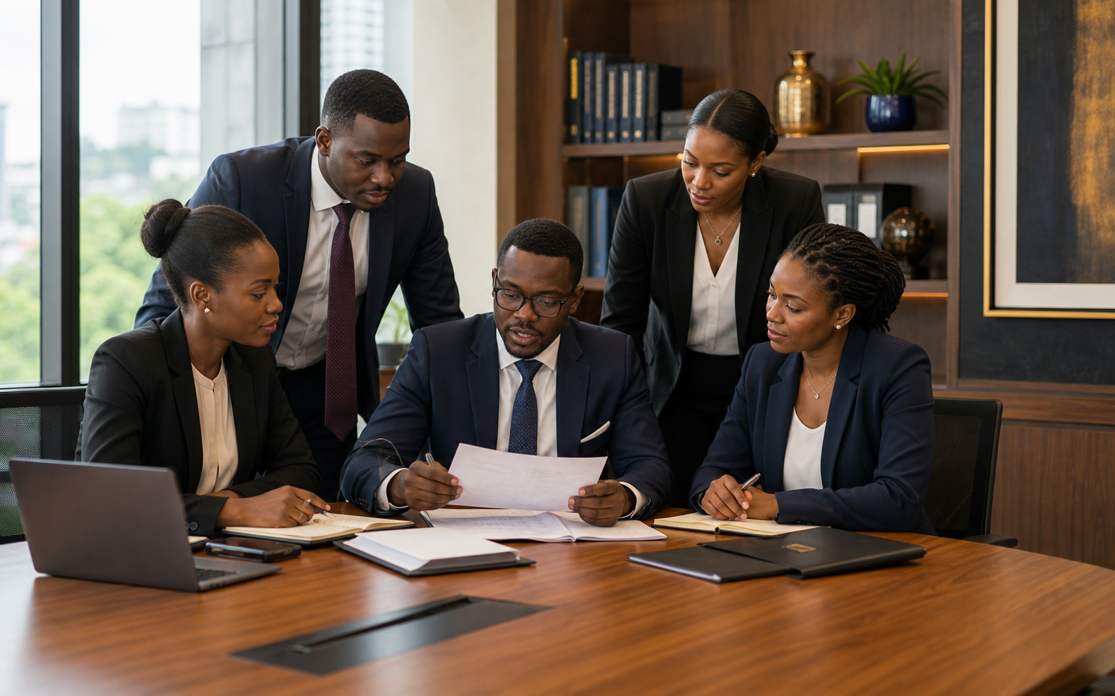 African legal team collaborating around a conference table