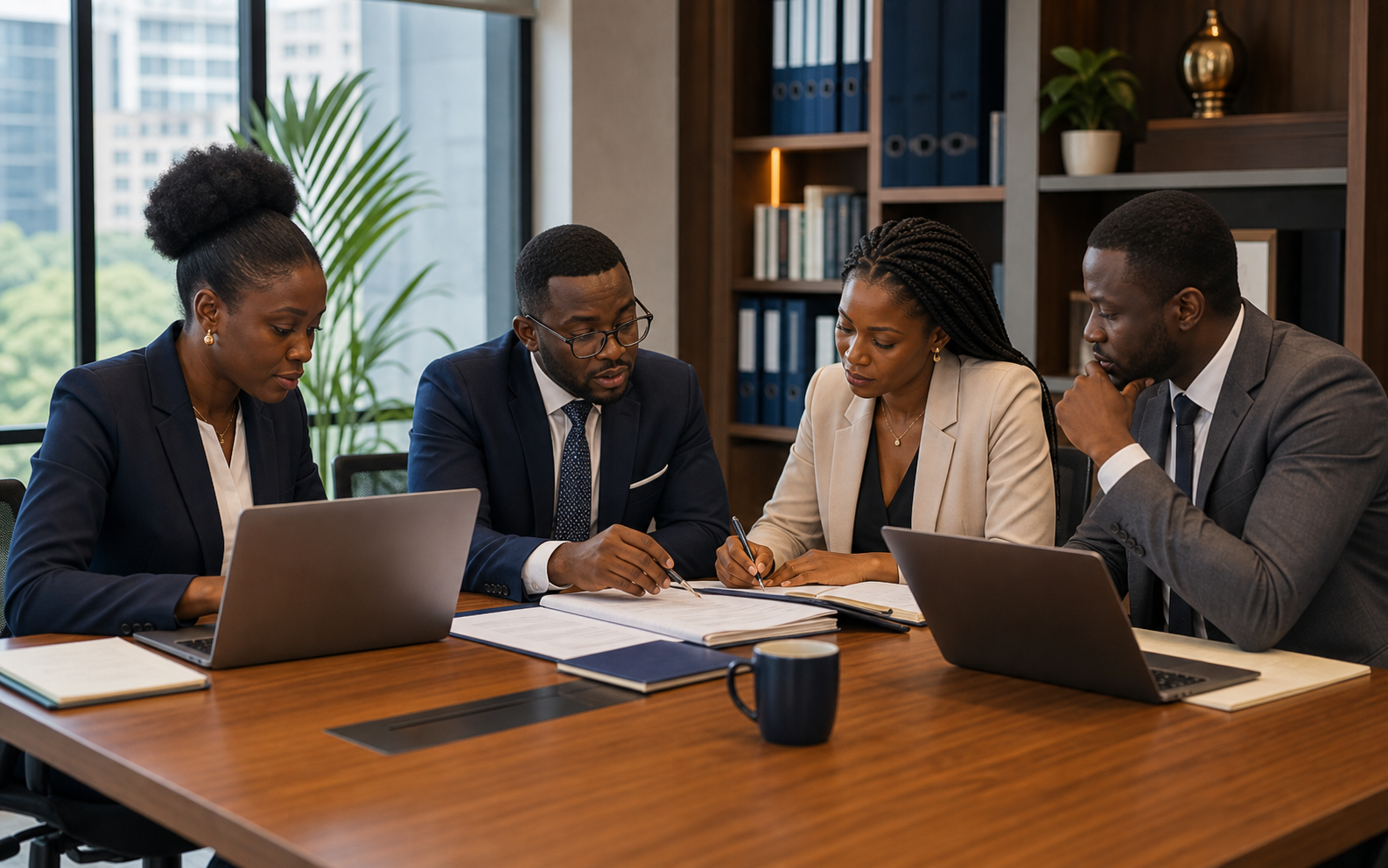 African legal professionals working through documents and laptops